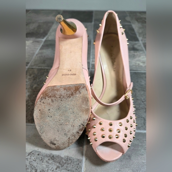 POUR LA VICTOIRE PINK SPIKED PLATFORM PEEPTOE HEELS. - Picture 6 of 12